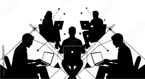 Silhouettes of people collaborating on laptops, connected by abstract lines symbolizing communication and ideas.