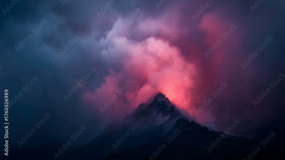 Fototapeta premium Volcanic eruption with glowing red and pink smoke against a dark dramatic sky