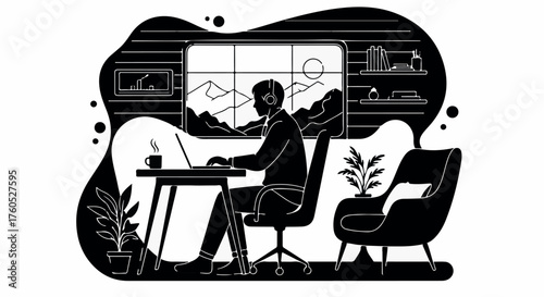 Focused individual working on laptop in a comfortable home office with scenic window view