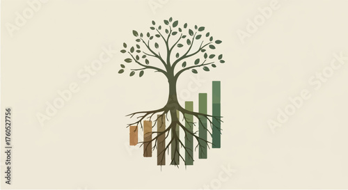 Growing roots of a tree intertwined with a financial growth chart, symbolizing investment and prosperity.