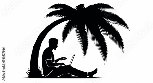 Silhouette of a man working on a laptop under a palm tree, enjoying a tropical remote work experience.