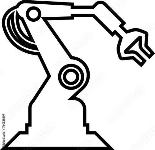Robotic Arm Icon and Industrial Automation Vector of Mechanical Robot Hand, Factory Machine, Engineering Technology Symbol in Black Line Style