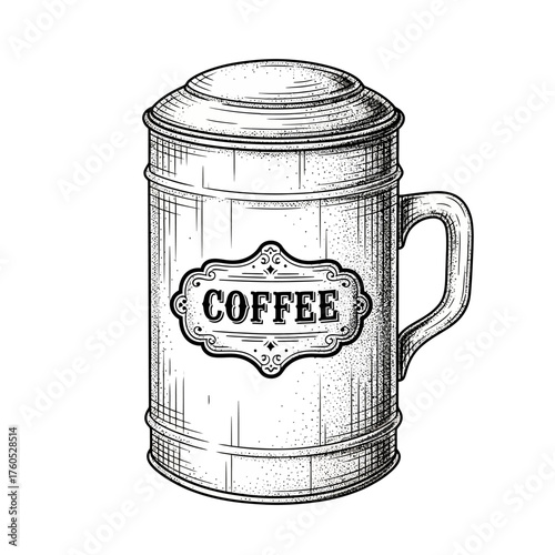 Vintage illustration of a metal coffee canister with a handle and a decorative label.