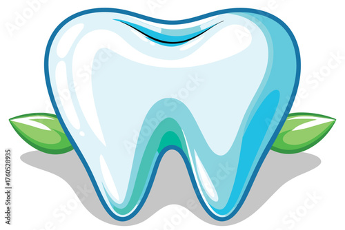 Cute Cartoon Tooth with Leaves - Healthy Clean Tooth Dental Vector Illustration