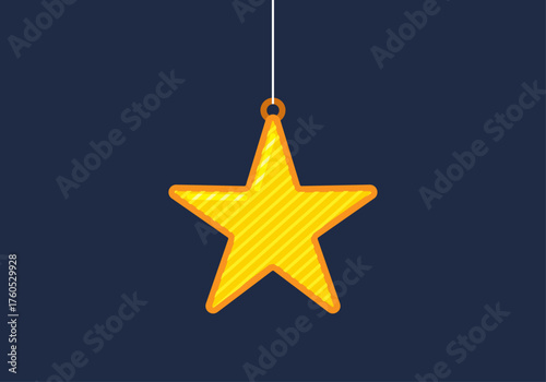 Ornamento de estrella amarilla en trazo naranja sobre fondo azul navideño