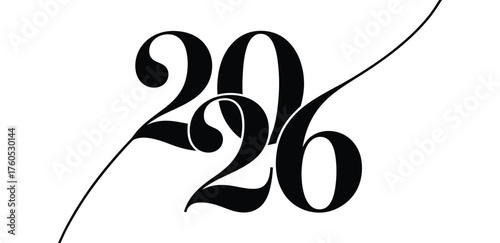 Stylized black 2026 typography with elegant curves and sweeping transitions, modern calligraphic design on white background for creative use
