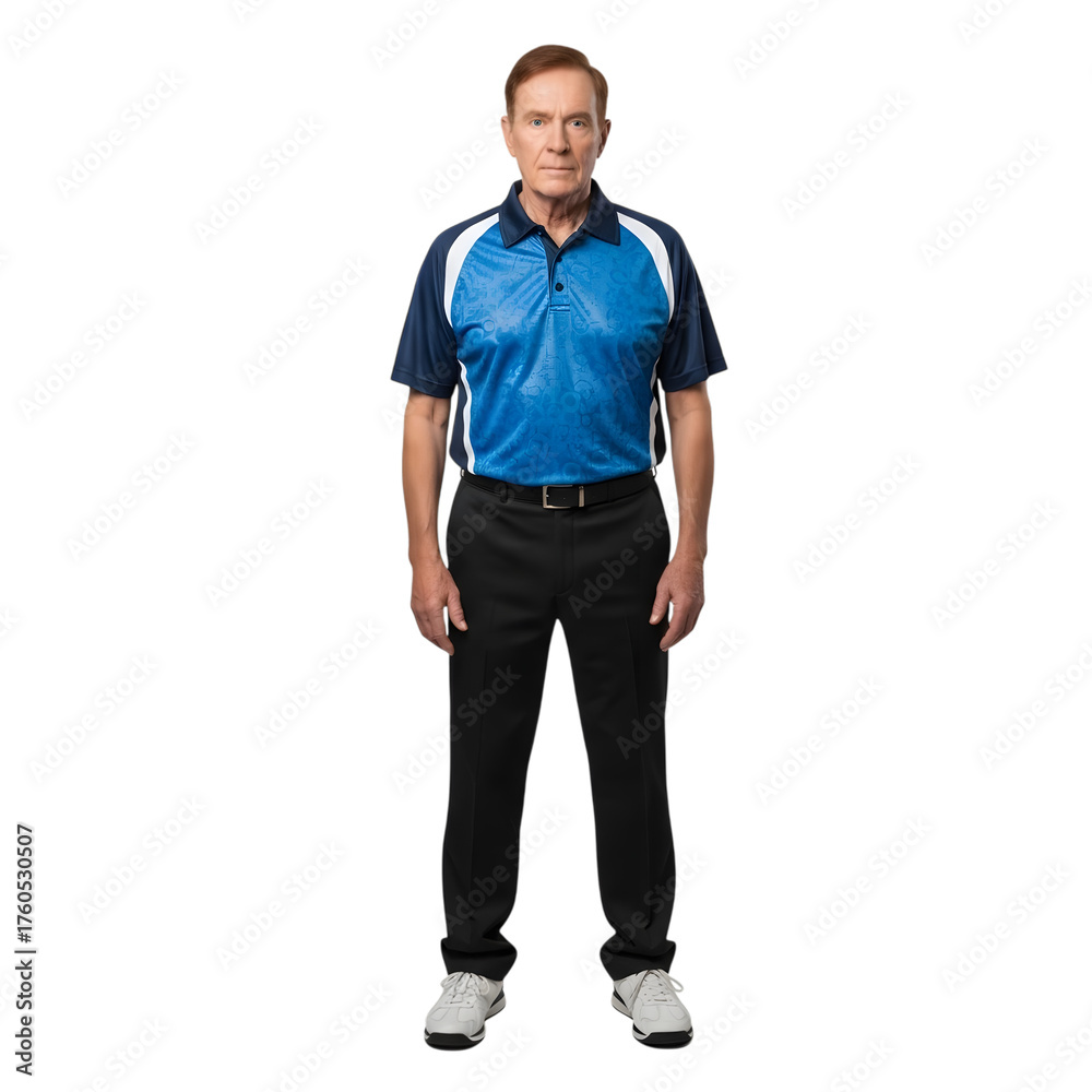Fototapeta premium Professional man in blue polo shirt and black pants standing confidently isolated on transparent background