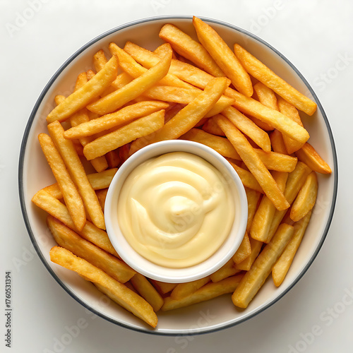 Crispy French Fries with Mayonnaise on Plate