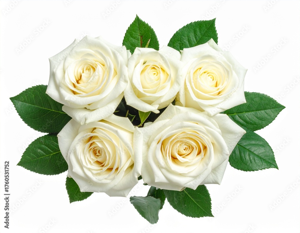 Naklejka premium Bouquet of five fresh white roses with green leaves isolated on a white background, top view. Elegant floral arrangement for weddings, anniversaries, or special occasions.