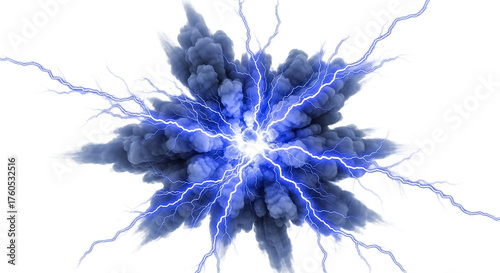 Blue energy explosion with lightning bolts isolated on transparent background