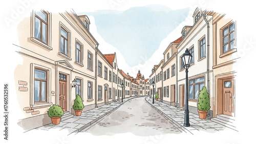 Charming watercolor illustration of an old European town street with traditional houses and cobblestone road