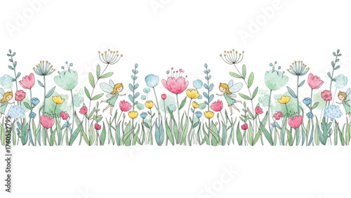 Whimsical watercolor fairy garden with colorful spring flowers seamless border