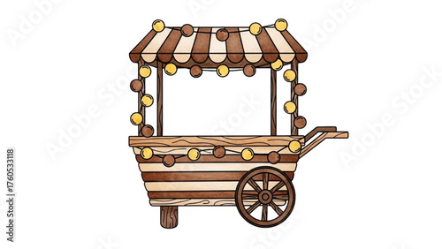 Charming Cartoon Wooden Market Stall with Festive String Lights for Fair or Street Food Design