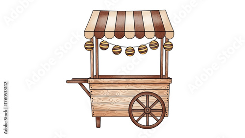 Charming watercolor illustration of a wooden market cart with a striped awning and bee garland
