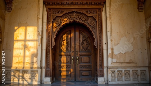 an old, wooden door with intricate carvings set within an arched doorway, illuminated by sunlight filtering through a window above