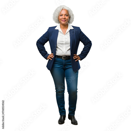 Smiling woman with white hair in blazer and jeans poses confidently full body shot isolated on transparent background