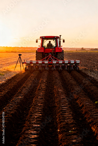 Farmer in tractor working field at sunset