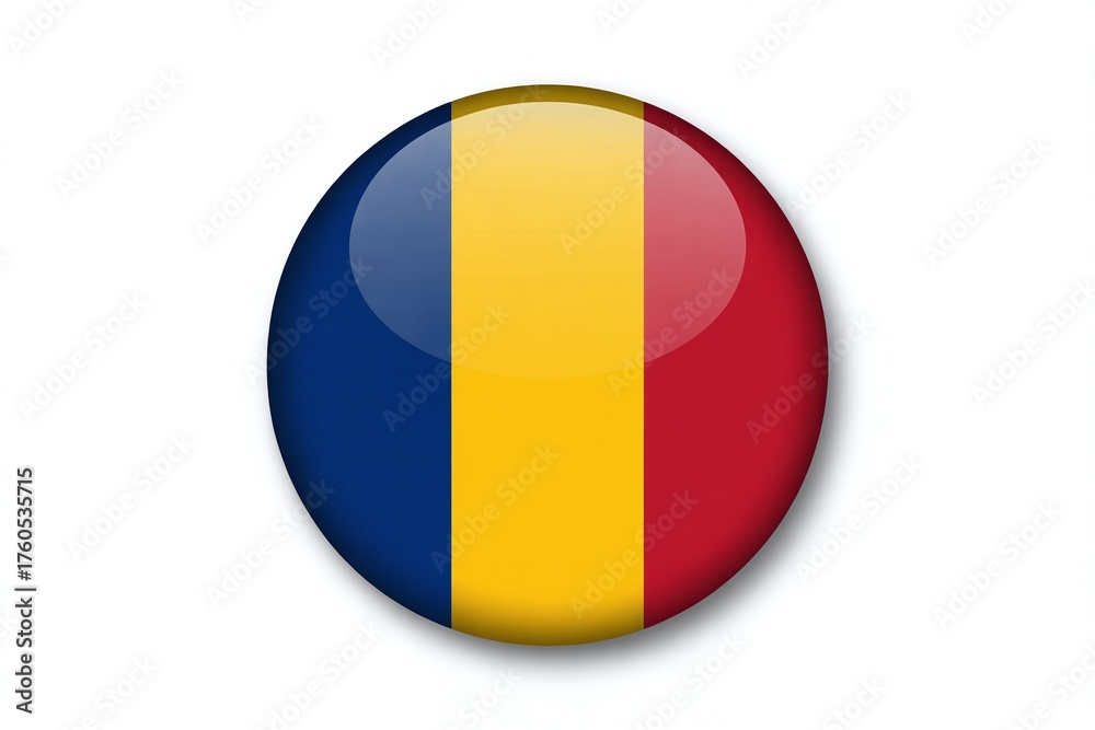 Fototapeta premium Romania National Flag Glossy Circular Button Icon with Shiny Reflection and Drop Shadow; Modern Web Design Element for Travel, Politics, and Country Symbols