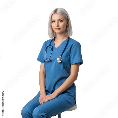 Confident young woman medical professional wearing blue scrubs and stethoscope poses for portrait isolated on transparent background