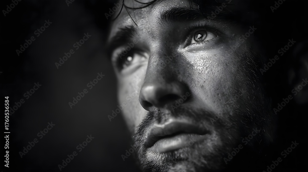 Fototapeta premium Black and white close up of a man s face looking upwards conveying intense emotion and vulnerability