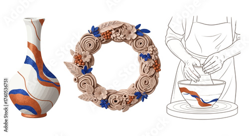Elegant pottery vector elements with clay texture wreath, vase, and potter's hand for ceramics studio branding