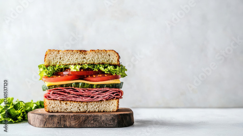 Delicious sandwich stacked with ham, lettuce, tomato, cheese, and cucumber on whole grain bread, placed on wooden board with fresh lettuce nearby
