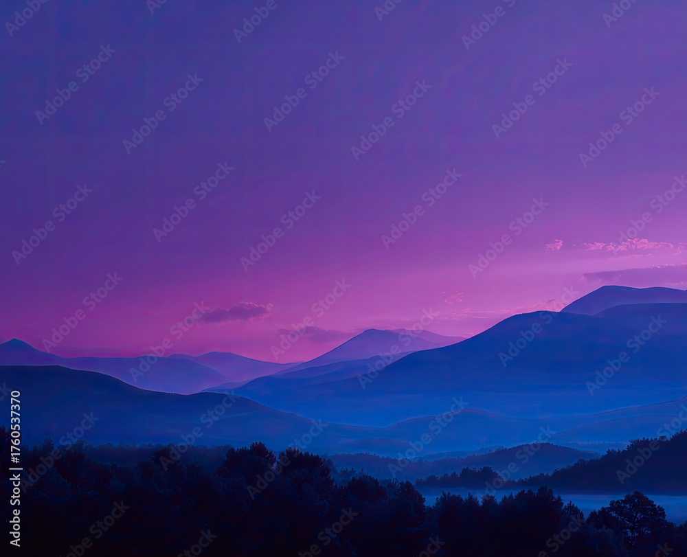 Obraz premium Blue mountains fading into distance under vibrant purple sky