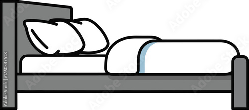 Comfortable bed with pillows and a blue blanket in a minimalist style room