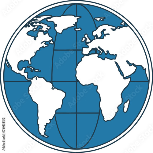 Stylized globe illustration featuring continents in light blue on white background
