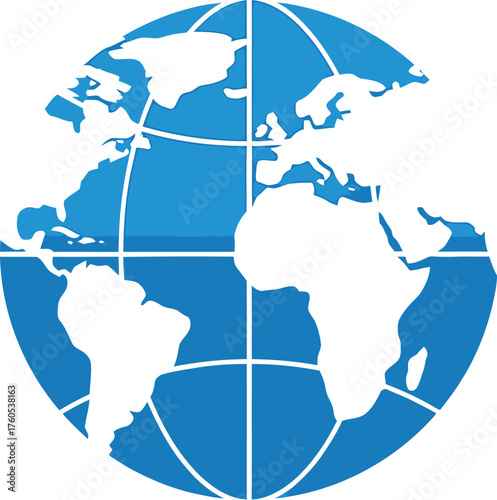 World globe illustration with continents and meridians on a white background