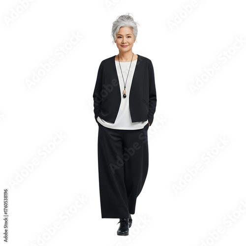 Elegant senior woman in chic black outfit standing confidently isolated isolated on transparent background