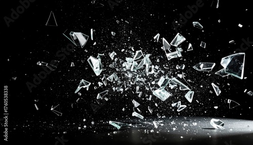Shattered Glass Fragments Exploding Mid-Air Against Black Background