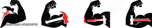 Four abstract silhouettes of women flexing biceps showing strength determination and power with subtle color accents vector