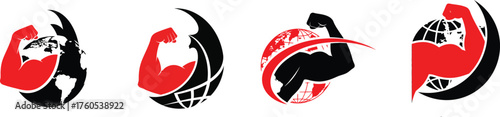 Four abstract stylized graphics featuring a flexing muscular arm in red and black with dynamic lines representing motion and strength symbolizing power and determination vector