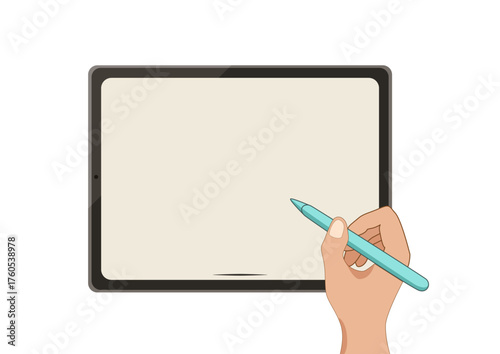 blank screen tablet with a hand holding a stylus pencil vector design