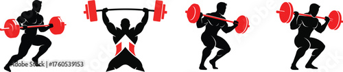 Fitness silhouette series four powerful weightlifting poses demonstrating strength training and athleticism in dynamic action poses with red weights vector