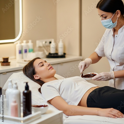 Professional Spa Waxing Procedure Beautician Applying Warm Wax to Female Client