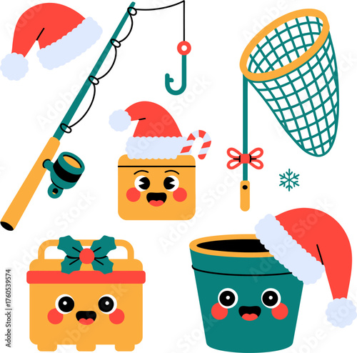 Cute cartoon fisherman tools with Christmas theme – smiling fishing rod, bait box, fishing net, tackle box, fishing hook, and bucket with festive decorations