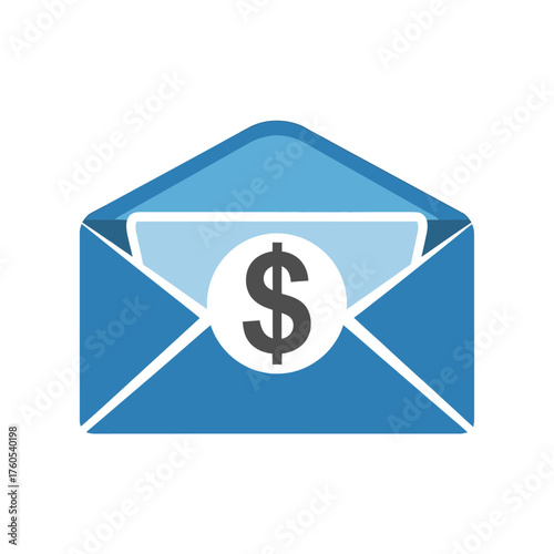 An open blue envelope with a white circle and a dollar sign, containing money.