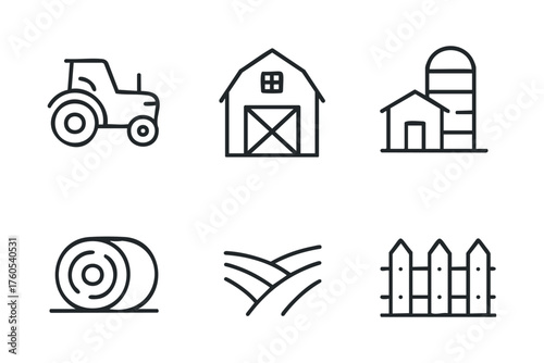 Farm equipment and buildings representing rural life and agriculture. Set of 6 vector illustration
