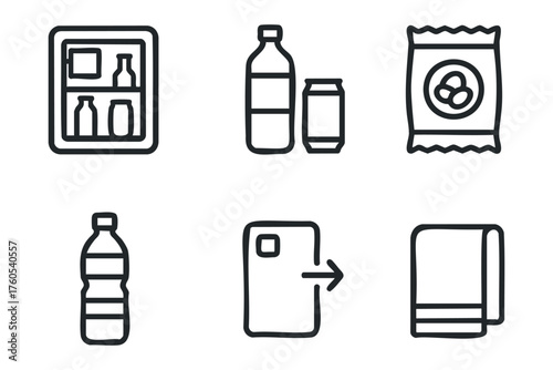 Beverage options for a quick snack and meal replenishment. Set of 6 vector illustration