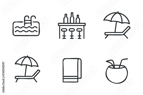 Relaxing summer poolside getaway with drinks and sun loungers. Set of 6 vector illustration