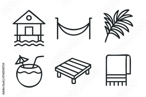 Relaxing beach getaway with hammock, tropical drink, and palm leaves. Set of 6 vector illustration