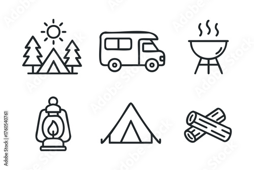 Outdoor camping essentials for a weekend getaway adventure. Set of 6 vector illustration