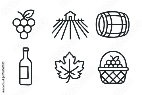 Vineyard harvest with grapes, barrel, and wine bottle design elements. Set of 6 vector illustration