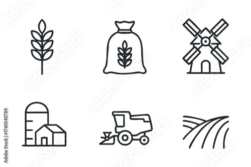 Farming themes with crops, machinery, and landscapes. Set of 6 vector illustration