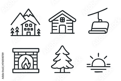 Cozy cabin retreat with mountains and sunset view for holiday design. Set of 6 vector illustration