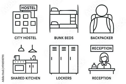 Essential features of a city hostel for backpackers and travelers. Set of 6 vector illustration