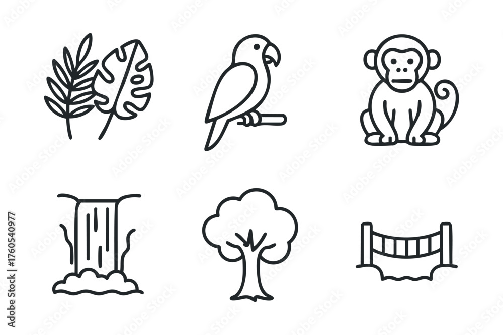 Fototapeta premium Jungle adventure with wildlife, plants, and waterfalls for design. Set of 6 vector illustration