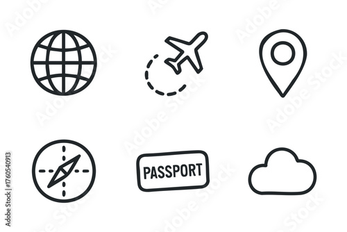 Travel icons representing adventure planning and exploration ideas. Set of 6 vector illustration